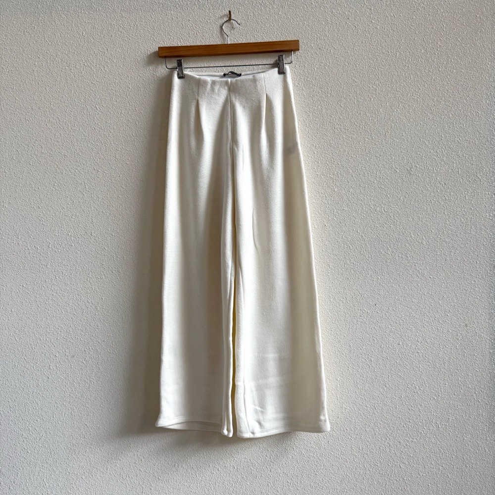 Zara Wide Leg Knit Pants Women Size S White Excellent High Waisted Pleated